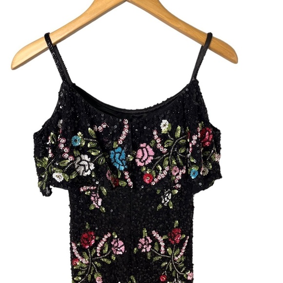 Mac Duggal Cold Shoulder Sequin Floral Gown Dress Black Size 2 Formal Black Tie - Picture 8 of 13